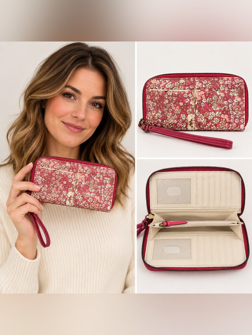 Safe Keeper Pink Floral Zip Around Wristlet Organizer Wallet B3